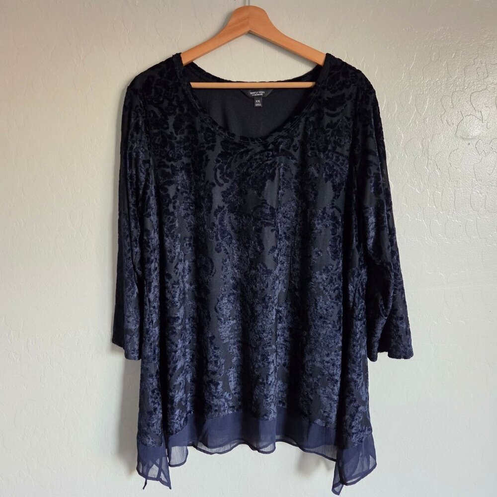 Simply Vera Wang Burnout Velvet Tunic Top Chiffon Hem Blue Womens XXL Whimsigoth